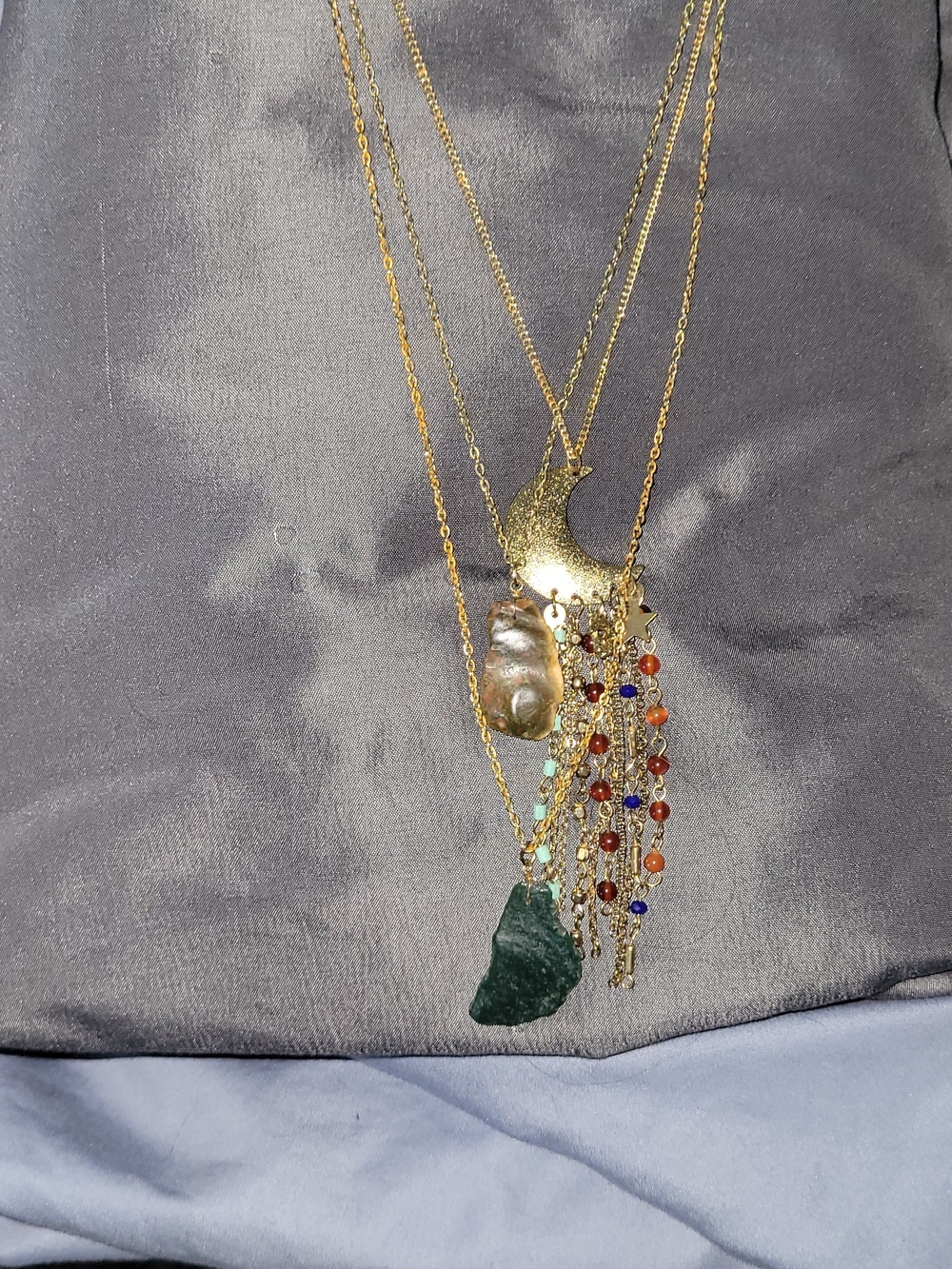 Gold Multi-Layer Moon & Gemstone Pendant Necklace - Green & Multicolor